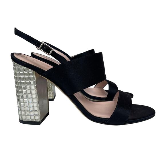 Kate Spade Black Satin Crystal Embellished Block Heel Strappy Sandal Womens 8 - Picture 1 of 8
